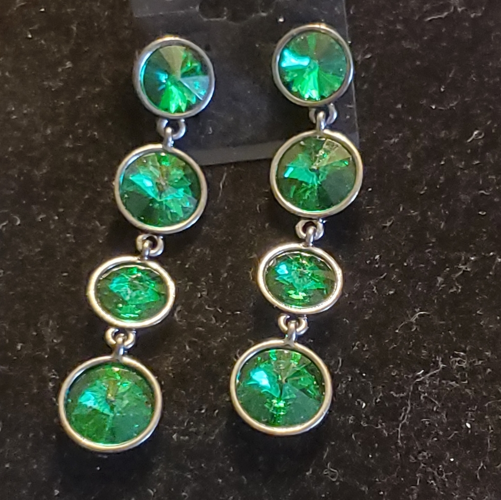 Gunmetal long dangle earrings with sparkly emerald green stones